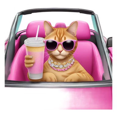 Cat with iced out jewelry and glittery sunglasses sipping on an iced coffee in a pink convertible sticker