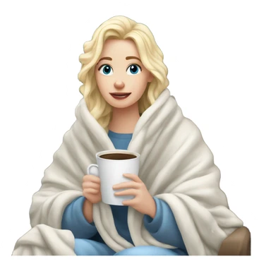 Blonde hair blue eyed white girl covered in blanket winter vibe sitting on a cozy chair holding coffee looking out a snowy window sticker