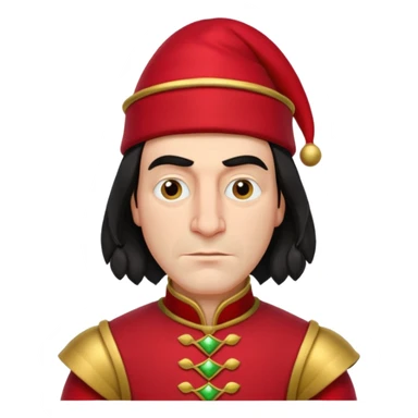 lord farquad avec un chapeau rouge plat sur le dessus, il a un vêtement rouge avec des manches bouffantes rouge et dorée sticker