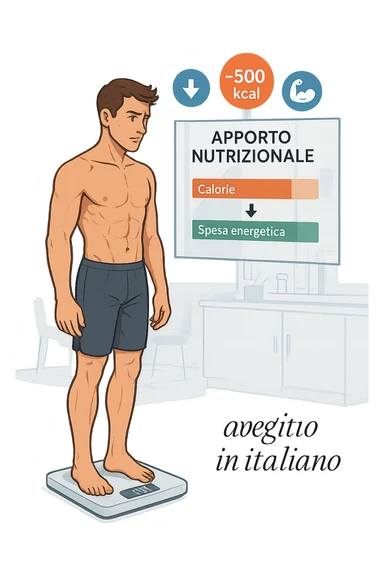 a man stands on a digital scale, looking at a nutrition chart that shows his daily calorie intake is lower than his energy expenditure. Floating icons above his head display a negative calorie balance, and his body appears slightly leaner, with visible muscle definition. The background is a modern clinic, emphasizing the concept of caloric deficit. scritto in italiano sticker