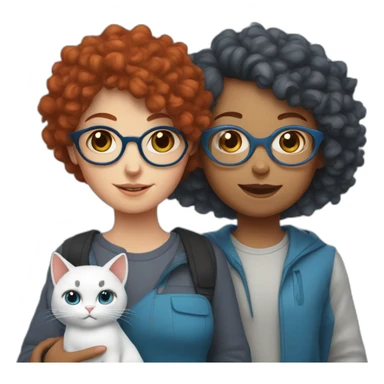 a girl with red curly hair and blue glasses with a white and gray cat in her arms sticker