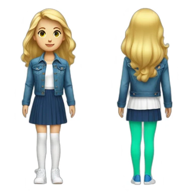 Blonde girl with bang and tail, in blue denim jacket, white T-shirt, green tights and elongated blue chiffon skirt sticker