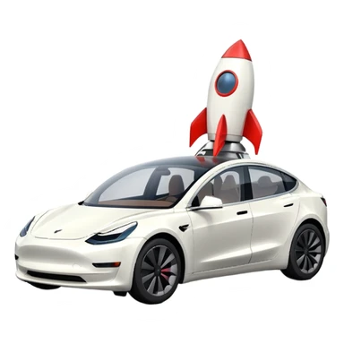 Tesla model 3 white with small rocket mounted flat on roof for extra propulsion sticker