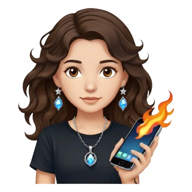 brunette girl with wavy medium length hair, brown eyes, light/medium skin tone, holding iPhone and light phone, wearing black tee shirt with flame pattern on it, small silver hoop earrings with blue gem stars, and colorful beaded charm necklace sticker