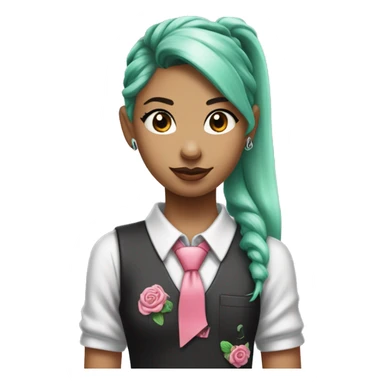 a girl with long mint colored twin ponytail wearing a sleeveless silver shirt, a mint colored tie, and a black flared arm sleeve with a red 01 tattoo on her left arm has a pink square with a black border running through each ponytail sticker