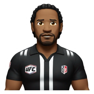 ufc referee herb dean shrugging his shoulders with a black shirt sticker
