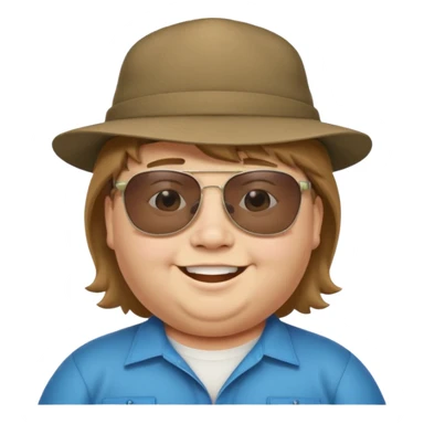 a very fat 16 year old boy who has light brown hair and a mullet and wearing a hat with upside down sunglasses on top of the hat sticker