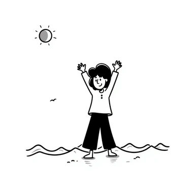 Whimsical character dancing with arms up on beach, sunshine highlighting their silhouette, playful tralalala mood, ocean waves sticker