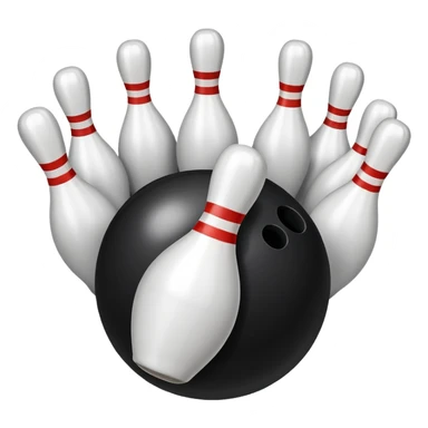 A bowling ball rolling down the lane towards a set of pins, with the pins poised to fall. The scene is set in a bowling alley with bright lights and a polished wooden floor, capturing the excitement and precision of the sport. sticker