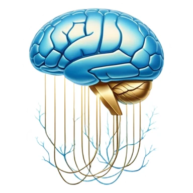 Shimmering pearlescent blue capsule floating in the foreground with an ethereal, glowing brain positioned behind it. Golden neural connections illuminate the brain. A small liver symbol nearby, all surrounded by a mystical aura of mental clarity sticker