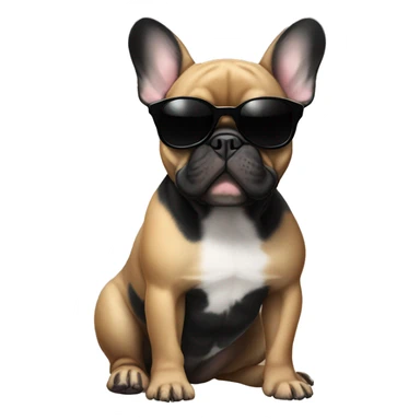 French bulldog with black body and ears and tan paws and belly with sunglasses sticker