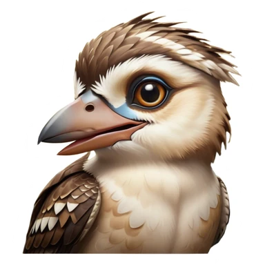 Cinematic Comical Kookaburra Portrait Emoji, Head tilted dramatically with an exaggeratedly amused expression, featuring a strikingly patterned brown and cream plumage with wide, expressive eyes filled with playful disbelief, Simplified yet hilariously expressive features, highly detailed, glowing with a slightly sassy glow, high shine, dramatic yet playful, stylized with an air of cheeky bushland mischief, bright and endearing, soft glowing outline, capturing the essence of a spirited and over‐the‐top kookaburra, so meme‐worthy it feels like it could cackle its way into internet fame instantly! sticker