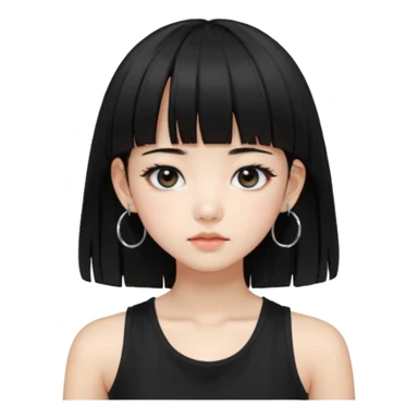 Korean girl, black tank top, black hair, black eyes, layered hair, cool girl, aesthetic, long hair, hime cut, blunt bangs, small silver hoop earrings sticker