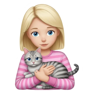 Blonde girl with blue eyes in pink shirt cuddling with grey tabby cat with dark grey stripes sticker