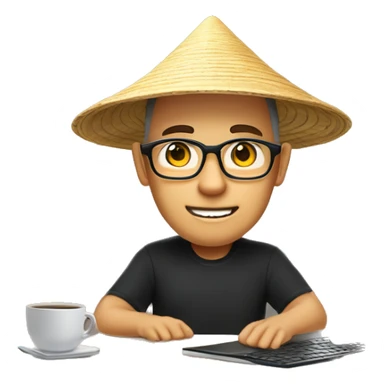A memoji-style man, wear nearsighted glasses, a traditional Vietnamese conical hat , black shirt, sitting at a desk, a cup of coffee on desk, typing on keyboard, laptop with a logo styled as '</>' in front front sticker