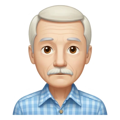 Skinny man in his 70s with fair skin. Long narrow face. Gentle light brown eyes. Fine straight white hair with light bangs, hair length extends below the ears. Thin eyebrows. White goatee connected to mustache. Slender appearance. Wearing a light blue and beige checkered button-up shirt. sticker