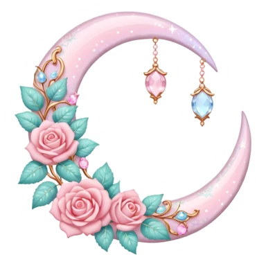 Rosy shiny glossy sparkly romantic pastel crescent damask moon with rose quartz pastel vines pastel gems pastel beads  sticker