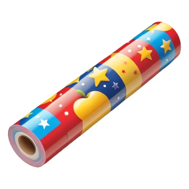 long cylindrical roll of glossy wrapping paper, partially unrolled, colorful pattern with stars, stripes, festive motifs, smooth reflective finish, crisp edges, visible cardboard tube at center, no scissors tape or ribbon, apple emoji style, soft lighting, subtle shadows, emoji scale sticker