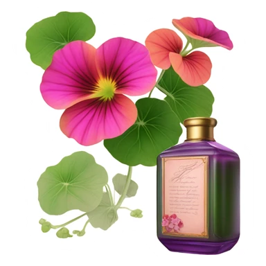 Aesthetic display of blush violet nasturtiums, an elegant deep pink perfume bottle, and a vintage love violet letter written in flowing script. sticker