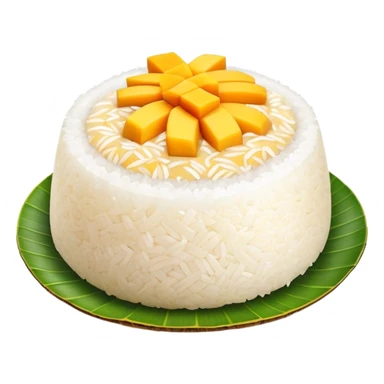 cinematic-realistic-mango-sticky-rice-dessert-emoji,-showcasing-sweet-sticky-rice out of a mould-paired-with-ripe-mango-slices-and-coconut-milk-rendered-with-lifelike-detail-and-warm,-inviting-lighting with the coconut  milk over the rice sticker