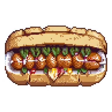 pixel art of a chipa split open with a sausage inside, fun and silly sticker