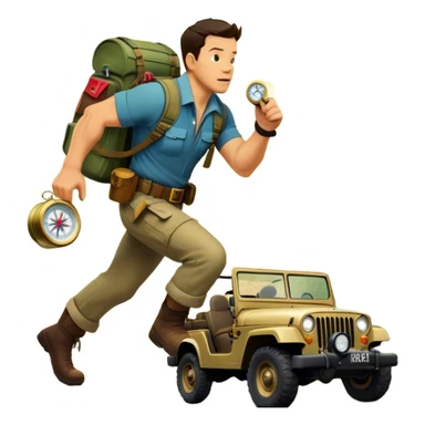 A vintage movie poster-style collage. Include action-packed elements like a treasure map, jungle scenes, a rugged explorer with a compass, and a speeding jeep. Add a shadowy figure resembling Mark Wahlberg in adventurous gear. Dramatic lighting, dynamic composition. Transparent background. sticker