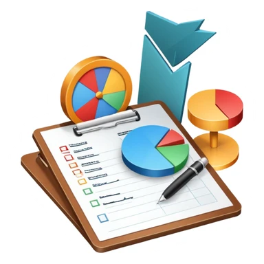 An icon featuring a pie chart, a clipboard with a checklist, and a megaphone, symbolizing management and marketing. The design includes upward-trending graphs and a target with an arrow, representing strategy and success. Transparent background highlights business organization and promotion. sticker