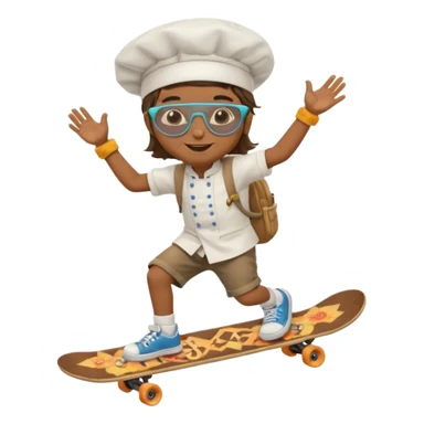 ["A happy boy with brown skin, straight hair, wearing a chef hat and sunglasses, dressed in hippie fashion, is skateboarding while holding a backpack."] sticker