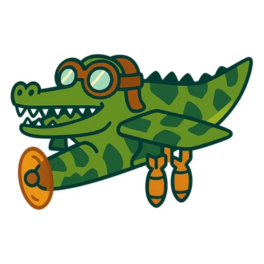 crocodile transformed into a bomber plane, with camouflage patterns and aviator goggles sticker