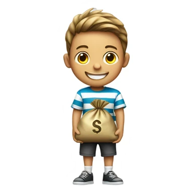 smiling boy in striped shirt with a money bag sticker