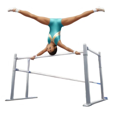 Professional gymnast performing a complex routine on parallel bars, demonstrating strength, control, and perfect balance. The gymnast is mid-air, executing a powerful move with focused concentration. The background shows a brightly lit gymnasium with a cheering audience. sticker