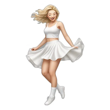Hyperrealistic Full body Caucasian curvy beauty jumping short white skirt back and front views strong wind knickers long white socks sticker