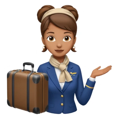 flight attendant, Light Brown skin, brown hair in single bun, neck scarf, suitcase sticker