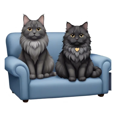 A large black smoke Maine Coon cat with long grey ear tufts and a fluffy grey ruff, sitting next to a chubby British Shorthair cat in blue color with plush fur, both sitting comfortably on a sofa. Beautiful room background with flowers and soft lighting. Transparent background. sticker