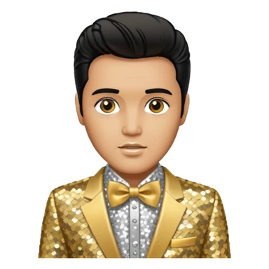 Elvis Presley with silver sequin shirt with gold bow tie, gold sequin suit sticker