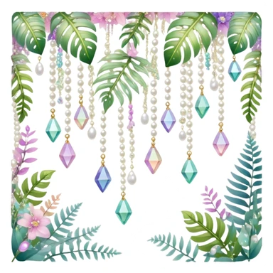 Exotic romantic pretty pastel Few cute tiny Iridescent glistening glossy sparkly shiny glittery hanging crystals pearls and beads and gemstones scenery scenic decorations with vines and ferns and flowers sticker