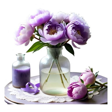 A vintage glass bottle with a slightly uneven surface holds a collection of pastel purple peonies, their petals unfolding in soft layers. A hand-dyed violet ribbon wraps around the neck of the bottle, its edges slightly frayed. Light passes through the dusty glass, casting shadows of overlapping petals onto a lace-covered table. A few loose petals rest nearby, their color fading toward the edges." sticker