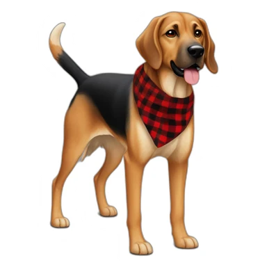 adult 75% Coonhound 25% German Shepherd mix dog with visible tail wearing small pointed red buffalo plaid bandana full body walking left quickly sticker