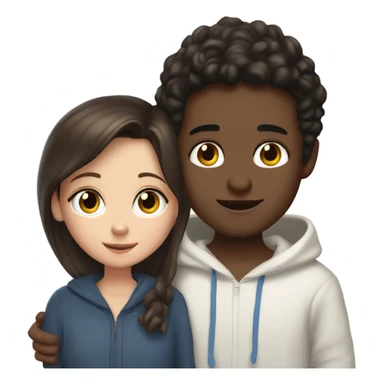 A light brunette girl with brunette eyes who is approximately 5,2 with a black hoodie and pijamas hugging a blue eyed light brunette boy with freckles wearing pijamas and a white hoodie sticker