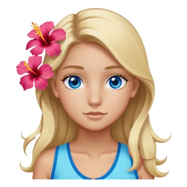 preppy coastal teen girl with blue eyes, beach blonde hair, tan skin, hibiscus flower in her ear, preppy beach outfit sticker