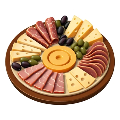 A 3D cartoon platter of assorted deli items like sliced meats, cheese, and olives, colorful and appetizing, Memoji-style. sticker
