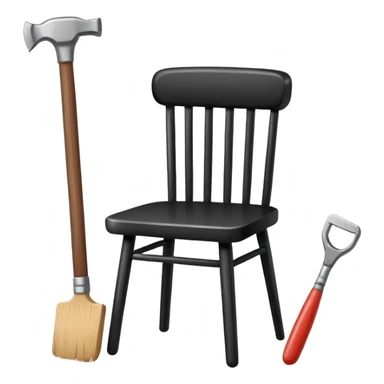 Minimalistic flat vector icon, iOS style, thin black contour on white background. Chair with hammer and paintbrush. No text, no shadows sticker