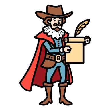 Shakespeare in a cowboy outfit with a scroll and quill sticker