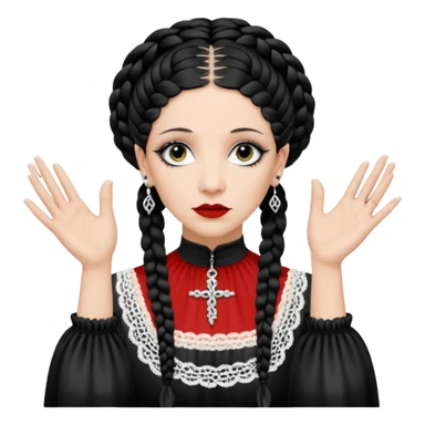 Lene Lovich as seen on the Stateless album cover with a typical symmetrical pose with her hands, lots of lace and braided hair sticker