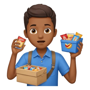 A young vendor boy with a snacks box strapped to his chest, calling out loudly. sticker