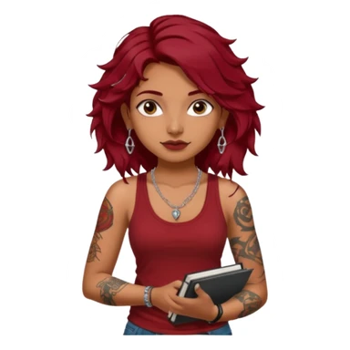 a pretty tan indian bratz girl with messy dark wavyred hair, wearing a dark red tank top, layered silver necklaces. Carrying multiple sketchbooks and pens, tattoos on arm sticker