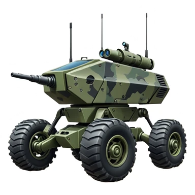 a roomy 4-wheel armored personnel stealth camouflage army massive mech trail vehicle shooting forward side-hill leaning actively independent suspended pod gimbal enemy mech off-road racing rover with large fast engine  sticker