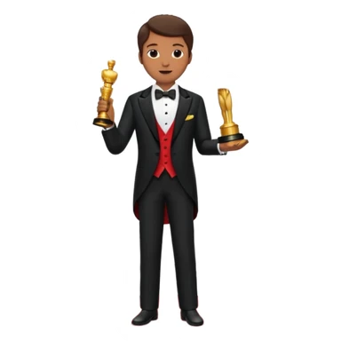 an actor standing on a red carpet with a formal tuxedo, with an oscar in his hand sticker