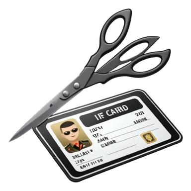 Floating black Scissors cutting an idf soldier ID card in 2 parts .hyper realistic sticker