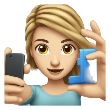 Uma garota de cabelos loiros e olhos azuis, segurando um celular fazendo selfie sticker